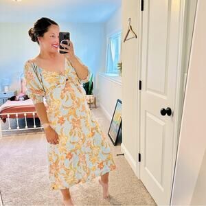 Roxy Blue Orange Floral Long Sleeve Maxi Dress Medium